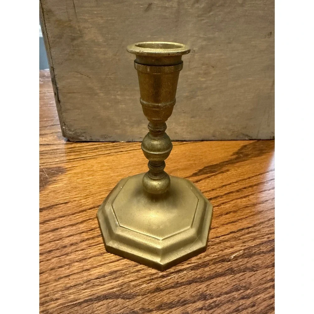 Vintage Brass Candlestick Holder Hexagonal Base Turned Stem Gold Taper Stand
